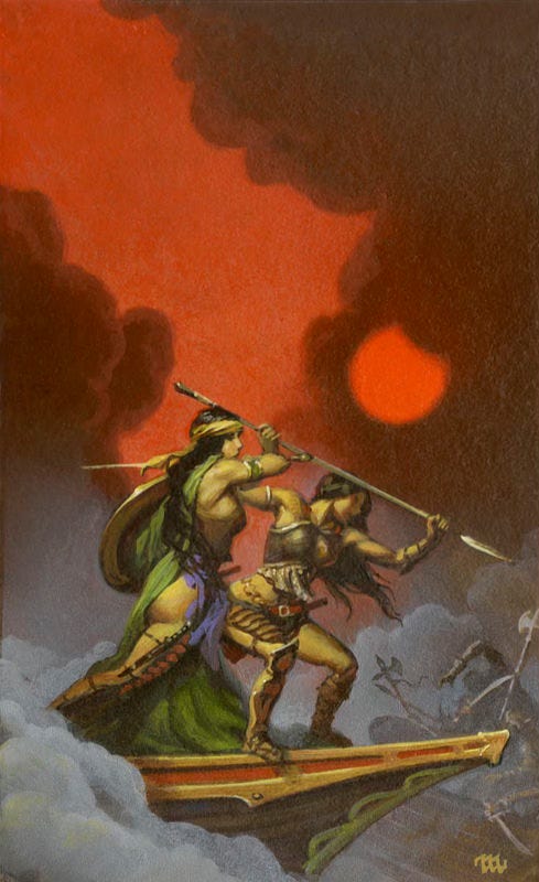 Preliminary concept for AMAZONS 2 featuring the two Amazon warriors poised on the bow of their boat, ready to attack.