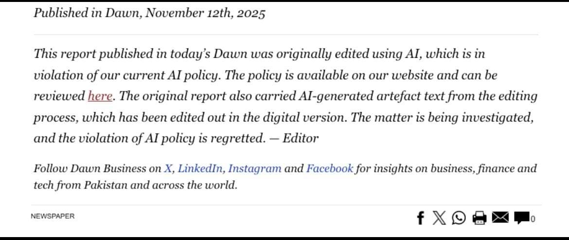 Alt Text: Screenshot of Dawn’s digital editor’s note dated November 12, 2025, stating the report was edited using AI in violation of their AI policy and that AI-generated artifact text from the editing process was removed from the online version.