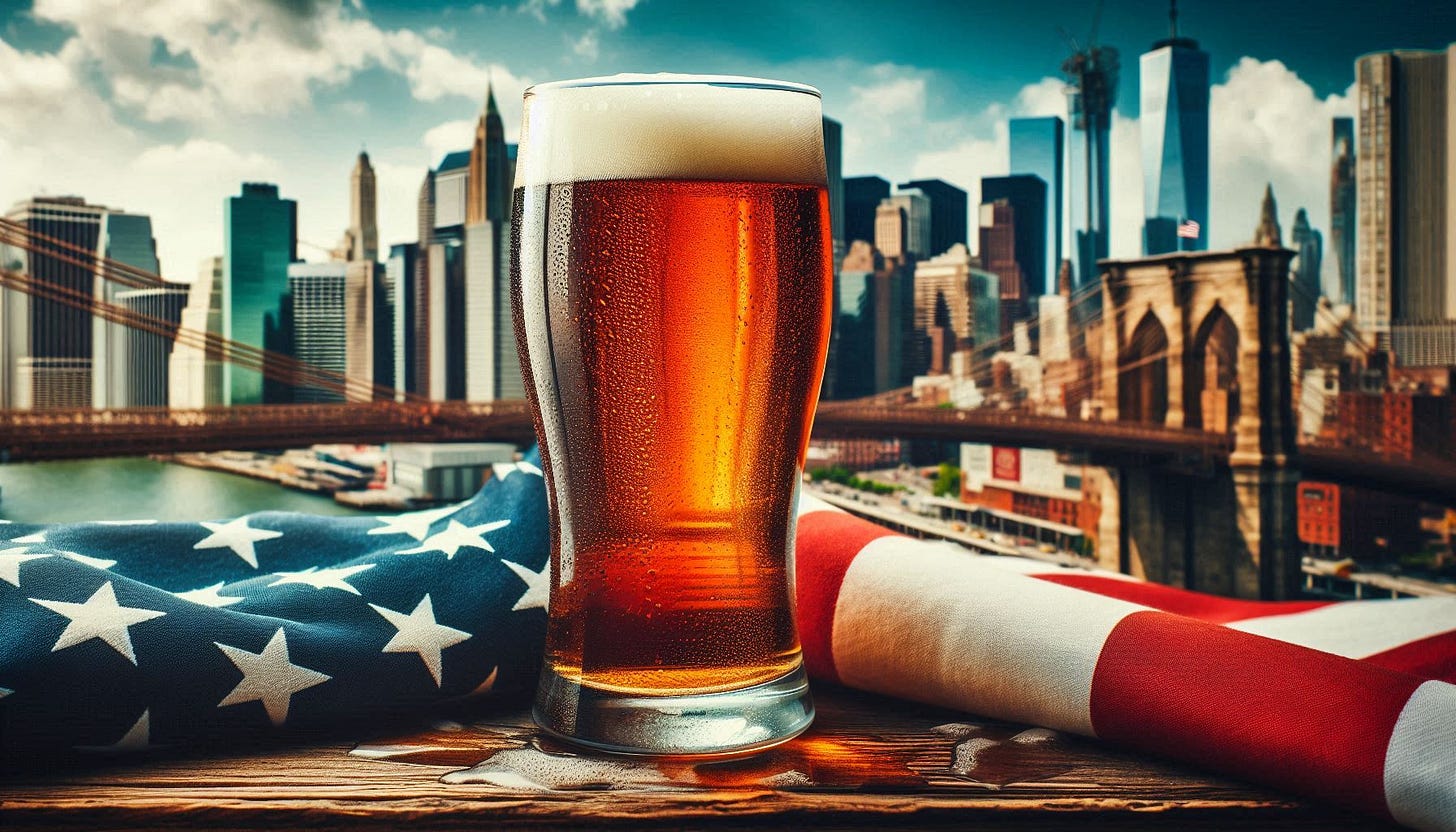 Birra ambrata con sfondo di grattacieli di newyork e bandiera americana
