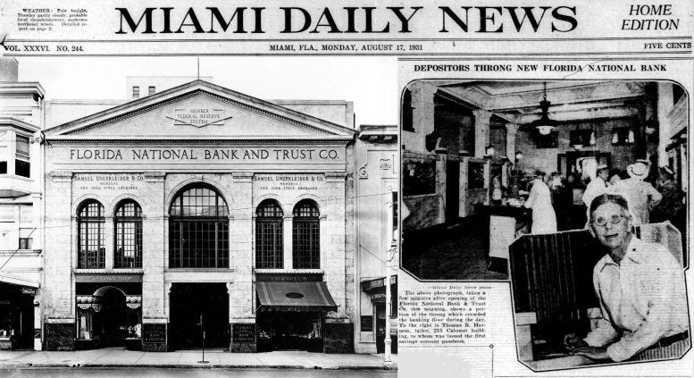 Cover: Headlines in the Miami Daily News covering the opening of the Florida National Bank & Trust branch opening on Monday, August 17, 1931. Cover: Headlines in the Miami Daily News covering the opening of the Florida National Bank & Trust branch opening on Monday, August 17, 1931.