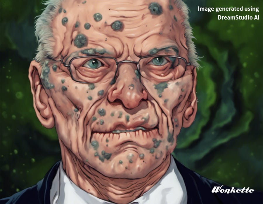 An AI-generated transformation of a photo of Rupert Murdoch, depicting him with pale green lizardlike eyes, his face covered with gray-green pustules and warts, a thin line of slimy spittle between his lips. Computers are so advanced these days! An AI-generated transformation of a photo of Rupert Murdoch, depicting him with pale green lizardlike eyes, his face covered with gray-green pustules and warts, a thin line of slimy spittle between his lips. Computers are so advanced these days!