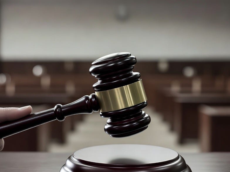 A photograph of a gavel striking a sounding block in a blurred courtroom, emphasizing authority and solemnity.