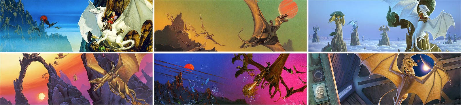 Six wide, long dragon images stacked 3x2. The upper left and right feature a white dragon perched on mountains. Other images feature a bronze dragon with wings wide as it climbs, another with a rider in a bucking bronco pose as the dragon flaps its wings and cranes its neck. A sortie of dragons attacks threadfall with gouts of fire. Lastly, a dragon hovers in the cargo hold of a spaceship looking out through a viewport to a planet beyond. Six wide, long dragon images stacked 3x2. The upper left and right feature a white dragon perched on mountains. Other images feature a bronze dragon with wings wide as it climbs, another with a rider in a bucking bronco pose as the dragon flaps its wings and cranes its neck. A sortie of dragons attacks threadfall with gouts of fire. Lastly, a dragon hovers in the cargo hold of a spaceship looking out through a viewport to a planet beyond.