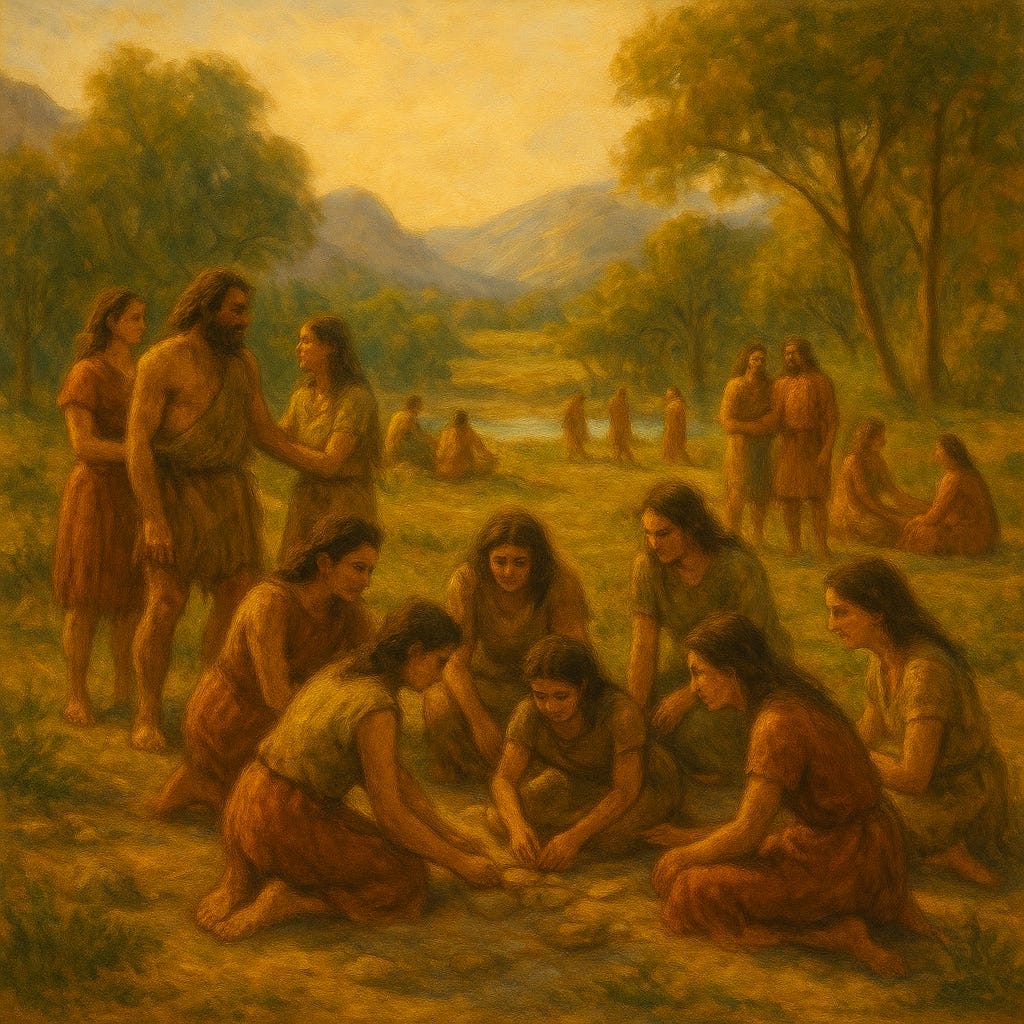 An impressionistic painting of a prehistoric community gathered in a lush, sunlit valley. Women sit together in a circle, engaged in cooperative activities, while other small groups converse or rest nearby. The peaceful landscape of trees, mountains, and water evokes harmony, relationship, and shared living.