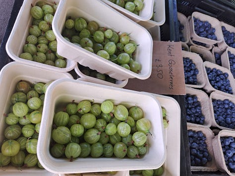 Apricots & cherries, Perry Court Farm, gooseberries & blueberries, Chegworth Valley, cornflowes, Hardings Nurseries, Wimbledon Farmers Market
