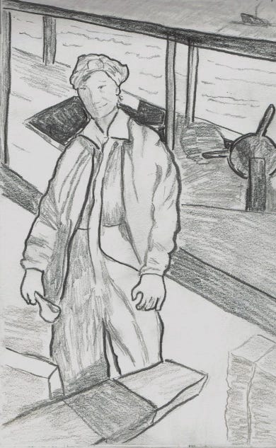 An image of an older woman maintaining a docked boat with a look of bemused chagrin.