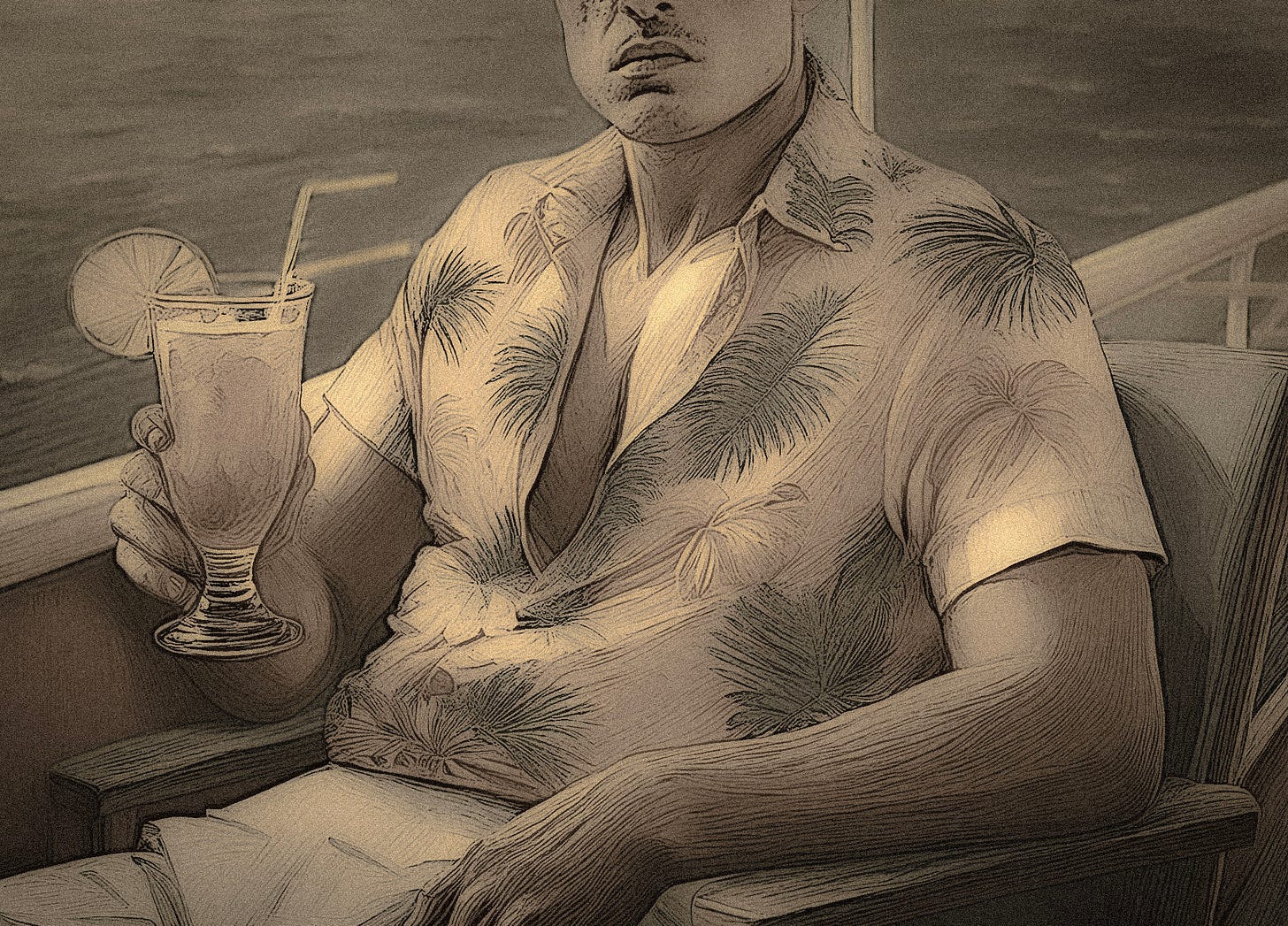 A man sits slumped in what appears to be a deck chair aboard a cruise ship. He has a presumably colorful beverage in his hand (there’s a paper umbrella in it, and a citrus wedge hanging on the rim), and he’s wearing a very casual “Hawaiian” shirt and shorts. His facial expression is rather unhappy. A man sits slumped in what appears to be a deck chair aboard a cruise ship. He has a presumably colorful beverage in his hand (there’s a paper umbrella in it, and a citrus wedge hanging on the rim), and he’s wearing a very casual “Hawaiian” shirt and shorts. His facial expression is rather unhappy.