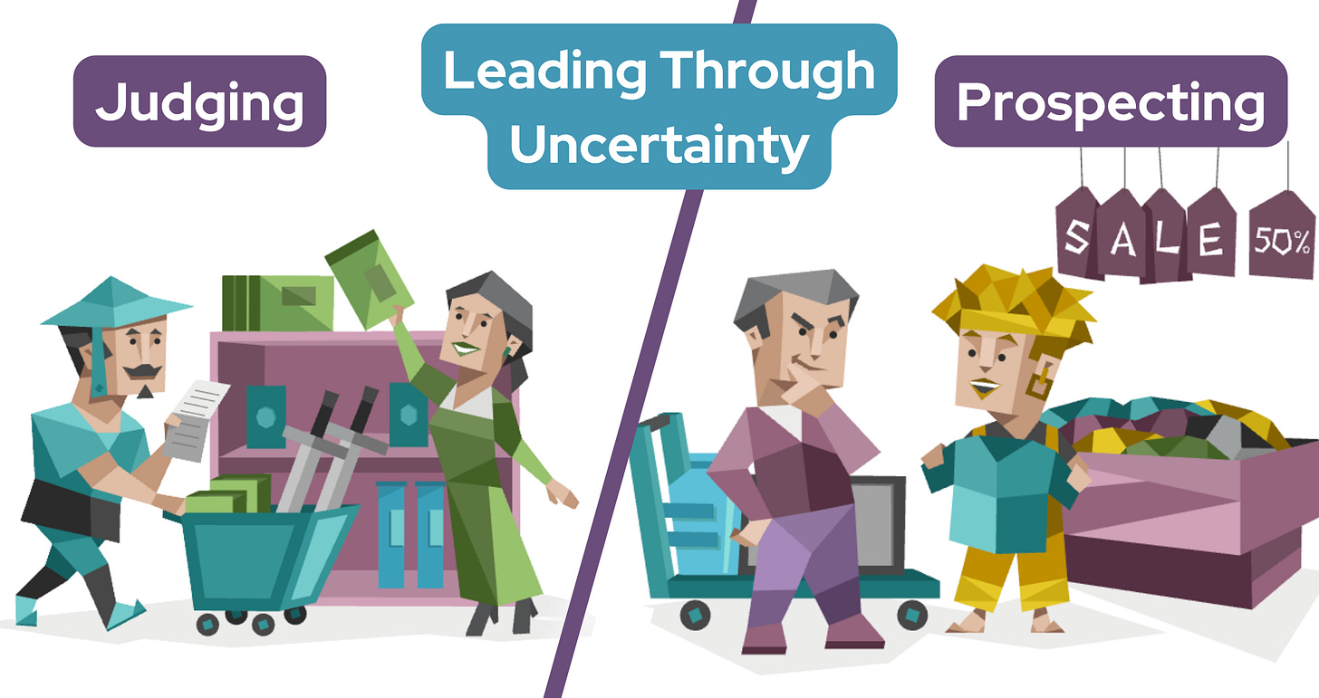 On the left, a Judging man wheels a cart through a library while a woman helps him select books from a set list. On the right, a shopping Prospecting woman holds up a shirt that's on sale, haggling with the shopkeeper for a better price. Text in a blue banner reads: Leading Through Uncertainty.