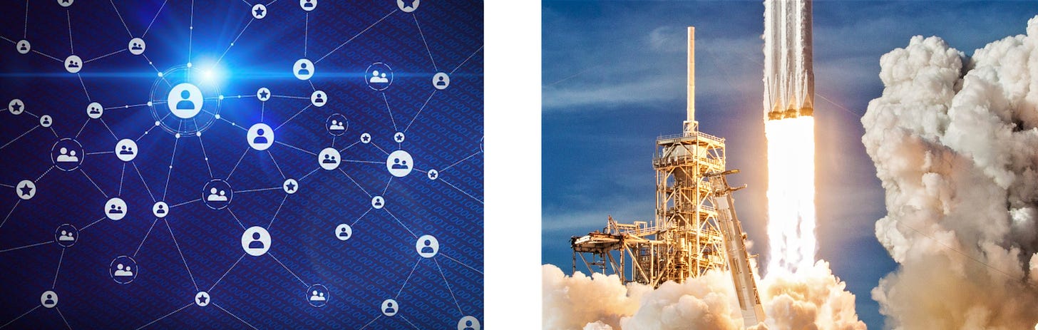 On a scale from 0 to Rocket Launch, how inspiring is the representation of distributed trust on the left? On a scale from 0 to Rocket Launch, how inspiring is the representation of distributed trust on the left?