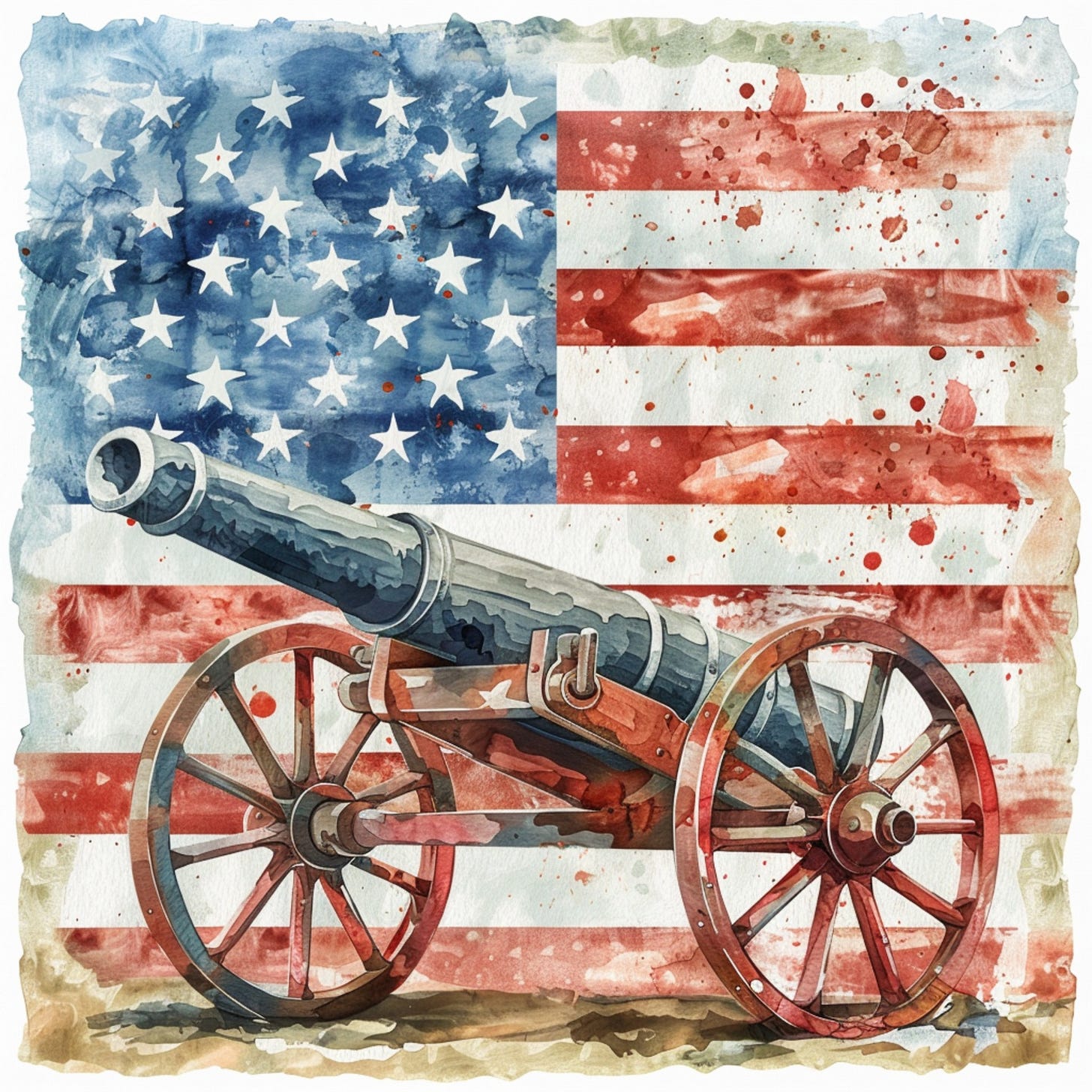 watercolor American Flag in the background with an old missile launcher in the foreground from the civil war