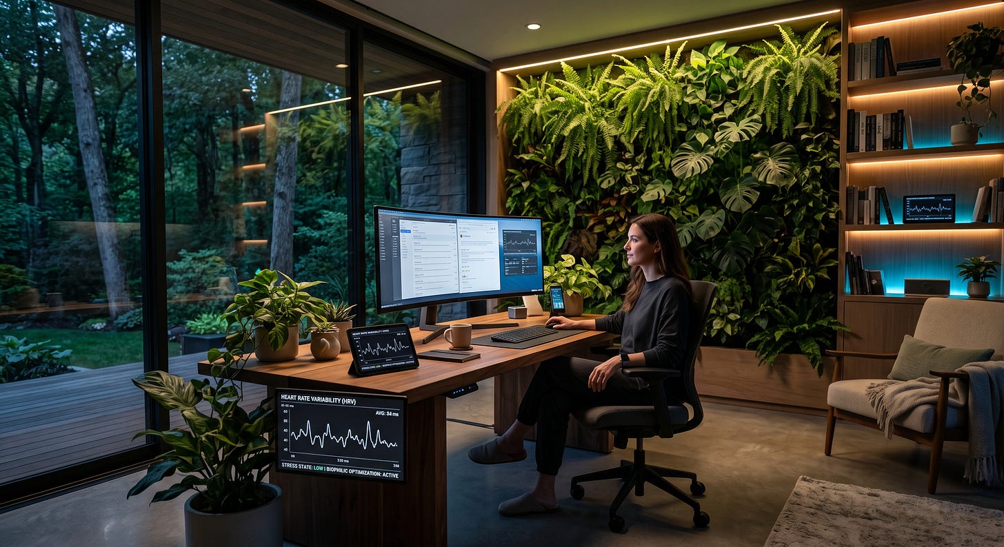 Das Bild zeigt ein modern und minimalistisch gestaltetes Homeoffice im Breitformat. Im Zentrum steht das Zusammenspiel zwischen Technologie und mentaler Gesundheit: Die Umgebung reagiert optisch auf die biometrischen Daten des Nutzers, um digitalem Stress und Burnout entgegenzuwirken. Ein intelligentes Lichtsystem flutet den Raum mit beruhigenden, indirekten Lichttönen, die sich an die aktuelle Herzratenvariabilität (HRV) anpassen. Auf einem dezenten Display auf dem Schreibtisch ist eine sanft pulsierende Kurve zu sehen, welche die Echtzeit-Messung der HRV symbolisiert. Die gesamte Bildkomposition strahlt eine tiefe Balance zwischen hochmoderner Technologie und mentaler Erholung aus. Das Bild zeigt ein modern und minimalistisch gestaltetes Homeoffice im Breitformat. Im Zentrum steht das Zusammenspiel zwischen Technologie und mentaler Gesundheit: Die Umgebung reagiert optisch auf die biometrischen Daten des Nutzers, um digitalem Stress und Burnout entgegenzuwirken. Ein intelligentes Lichtsystem flutet den Raum mit beruhigenden, indirekten Lichttönen, die sich an die aktuelle Herzratenvariabilität (HRV) anpassen. Auf einem dezenten Display auf dem Schreibtisch ist eine sanft pulsierende Kurve zu sehen, welche die Echtzeit-Messung der HRV symbolisiert. Die gesamte Bildkomposition strahlt eine tiefe Balance zwischen hochmoderner Technologie und mentaler Erholung aus.