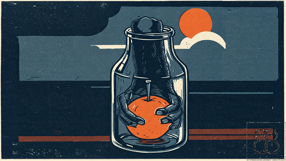 A monkey's hand in a jar holding a piece of fruit