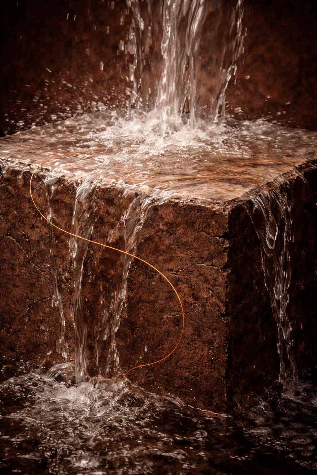 Water cascading over a weathered stone pedestal, with a thin gold thread flowing through the stream and catching the light.
