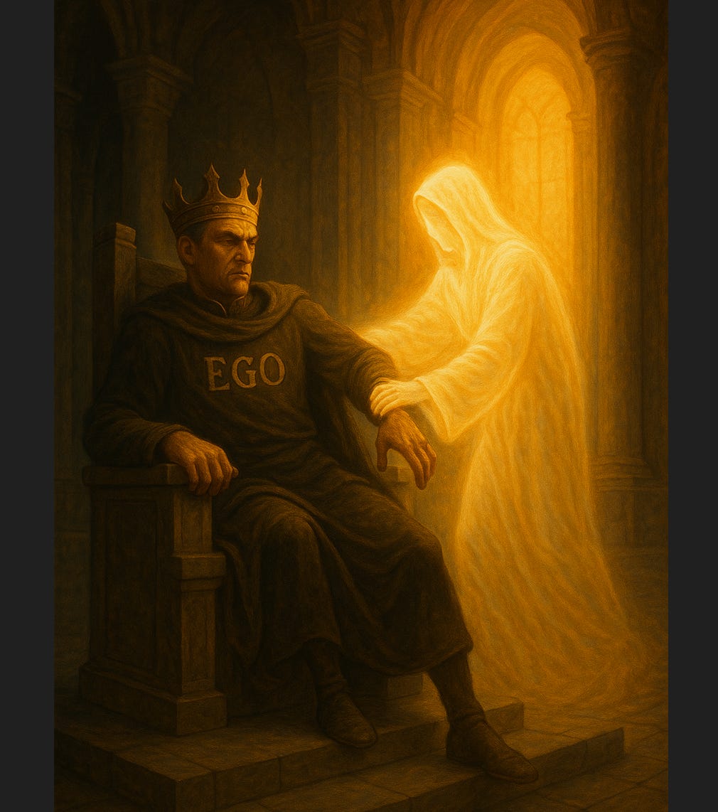 Glowing figure of light gently guides stern, crowned man labeled “EGO” off a throne in a shadowed stone hall.