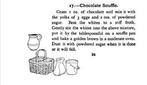 Image of a recipe for Chocolate Souffle from 365 Desserts, published in 1900.