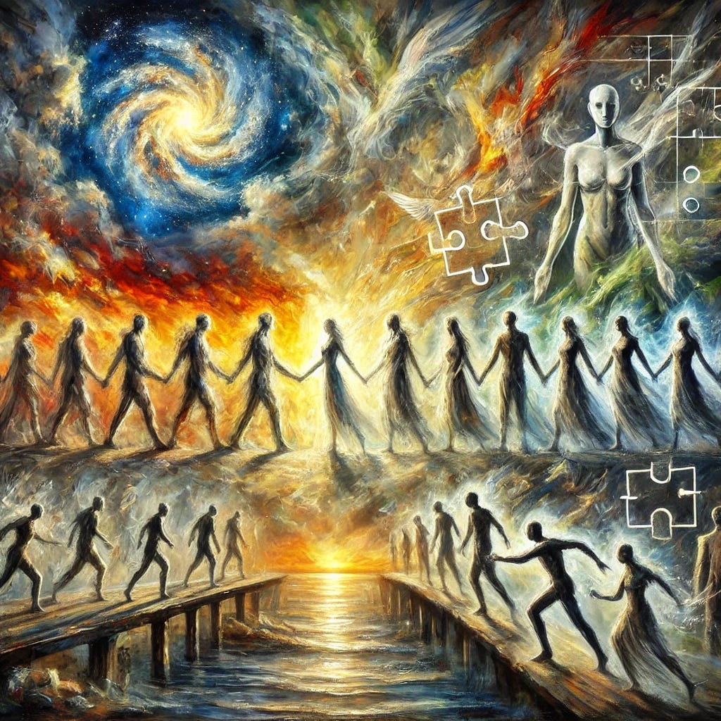 Ein abstraktes Bild, das symbolisch darstellt, wie menschliche Fähigkeiten im Zeitalter der KI erhalten und ausgebaut werden können. Das Bild sollte kräftige, wirbelnde Pinselstriche und leuchtende, kontrastierende Farben haben. Die Szene sollte tiefe Emotionen hervorrufen, mit einer expressiven und etwas melancholischen Atmosphäre. Ein dramatischer Himmel und Figuren in Bewegung sind zu sehen, die symbolisch für Herausforderung, Komplexität und menschliche Verbindung stehen. Elemente wie Puzzleteile, die zusammenpassen, Bücher und Menschen, die miteinander interagieren, sollten enthalten sein. Das Hauptmedium sollte Öl auf Leinwand ähneln.