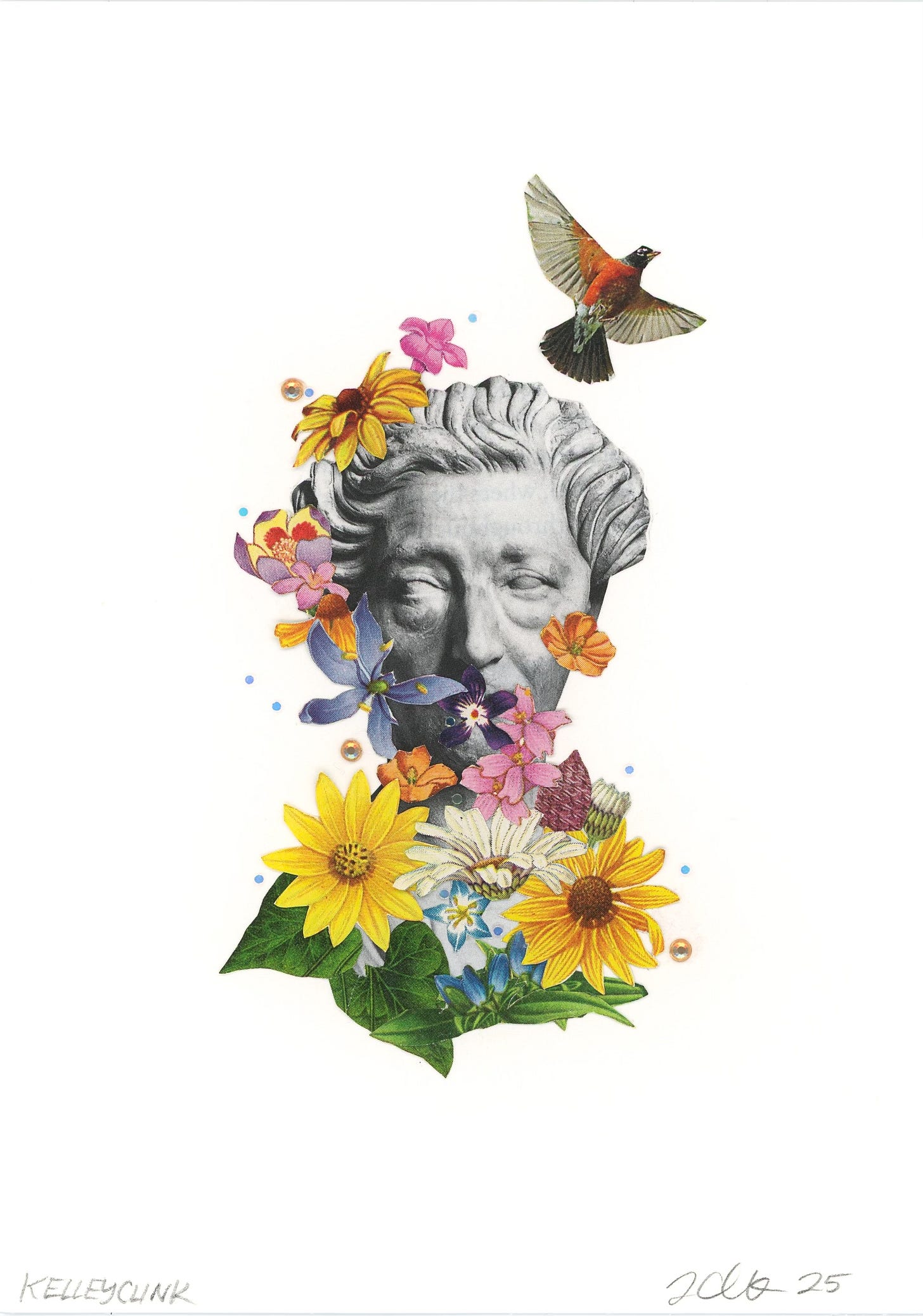 a collage. a gray statue of a woman's head with blank eyes is covered with multi-colored flowers and sequins. a robin in flight is just above the upper right corner of her head.