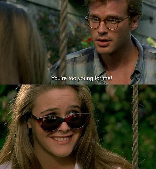 This may contain: a man and woman in glasses talking to each other with the caption you're too young for me