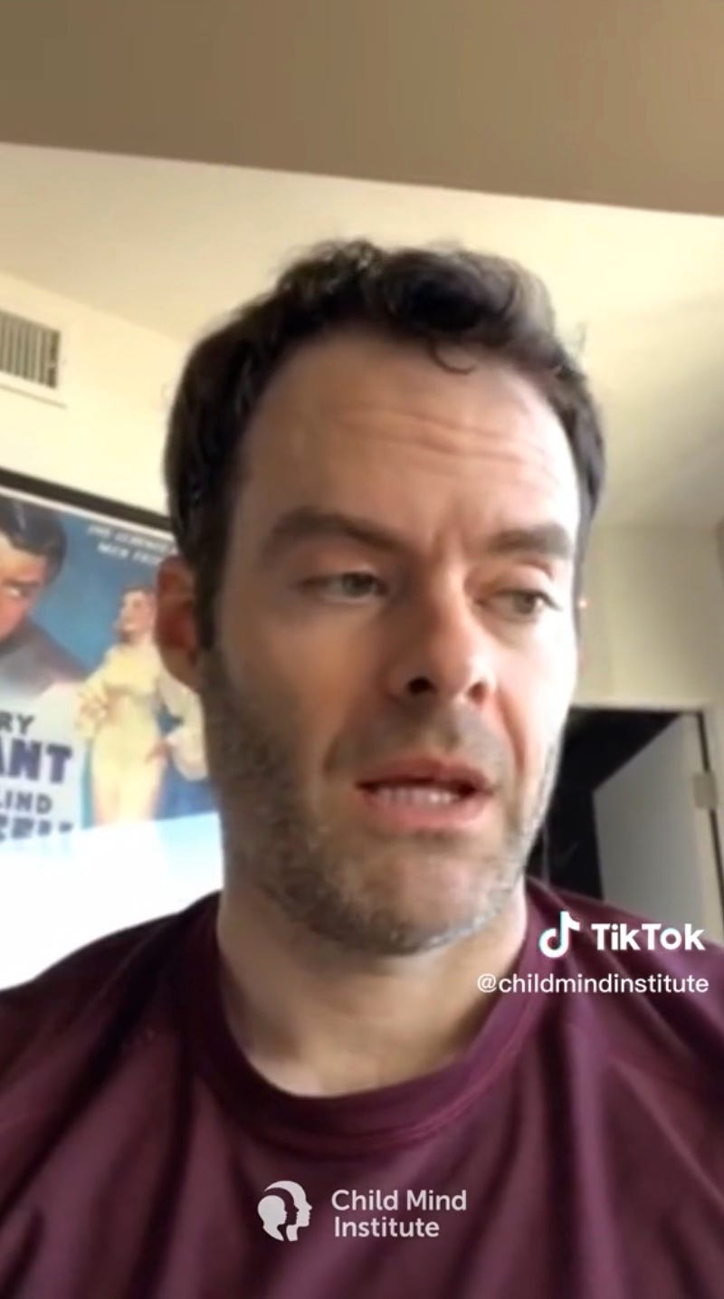 Screenshot of a TikTok video by user @childmindinstitute where actor Bill Hader talks about managing anxiety.