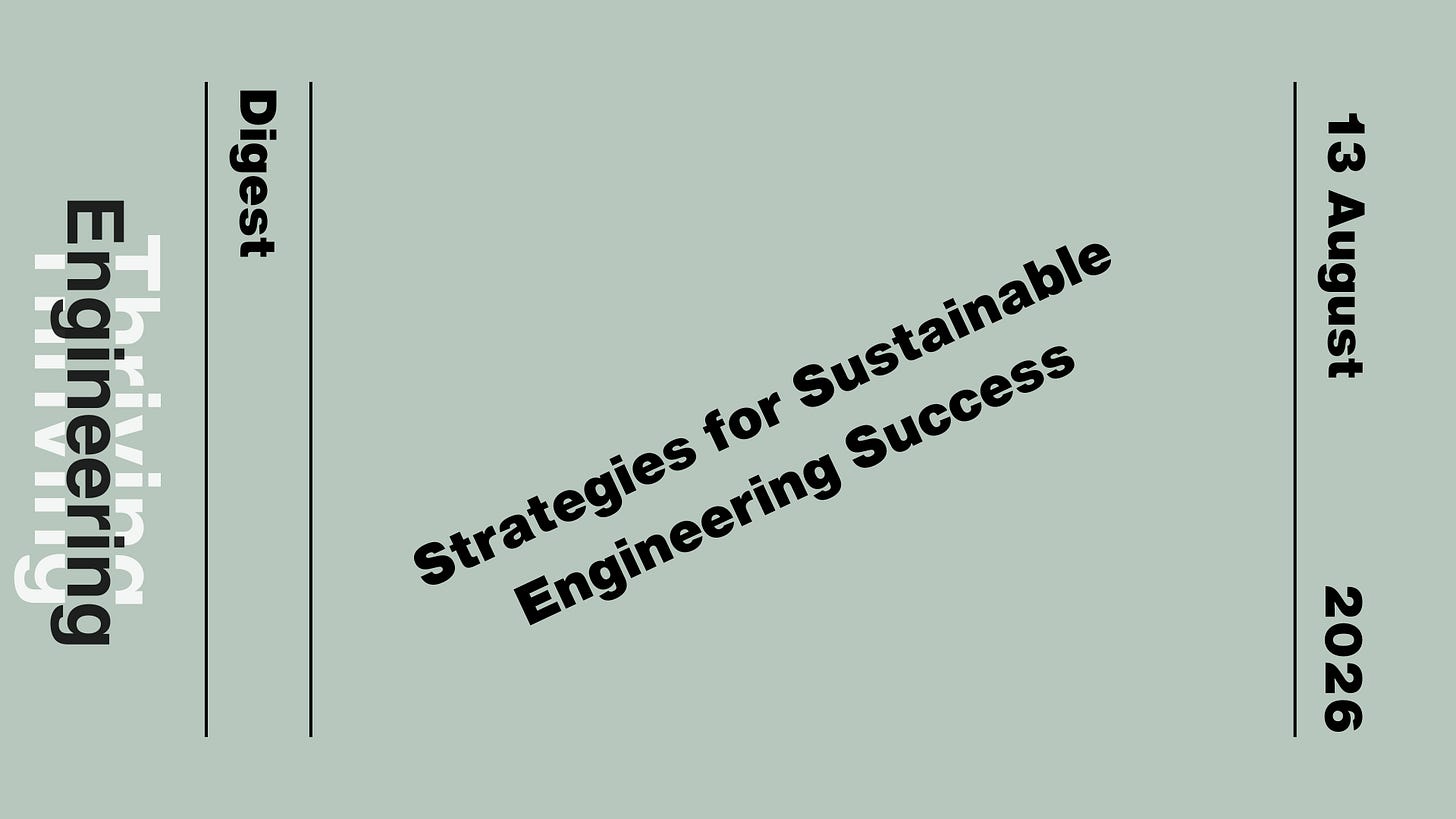 Pale green graphic reading “Strategies for Sustainable Engineering Success” with “Thriving in Engineering Digest” and the date 13 August 2026.