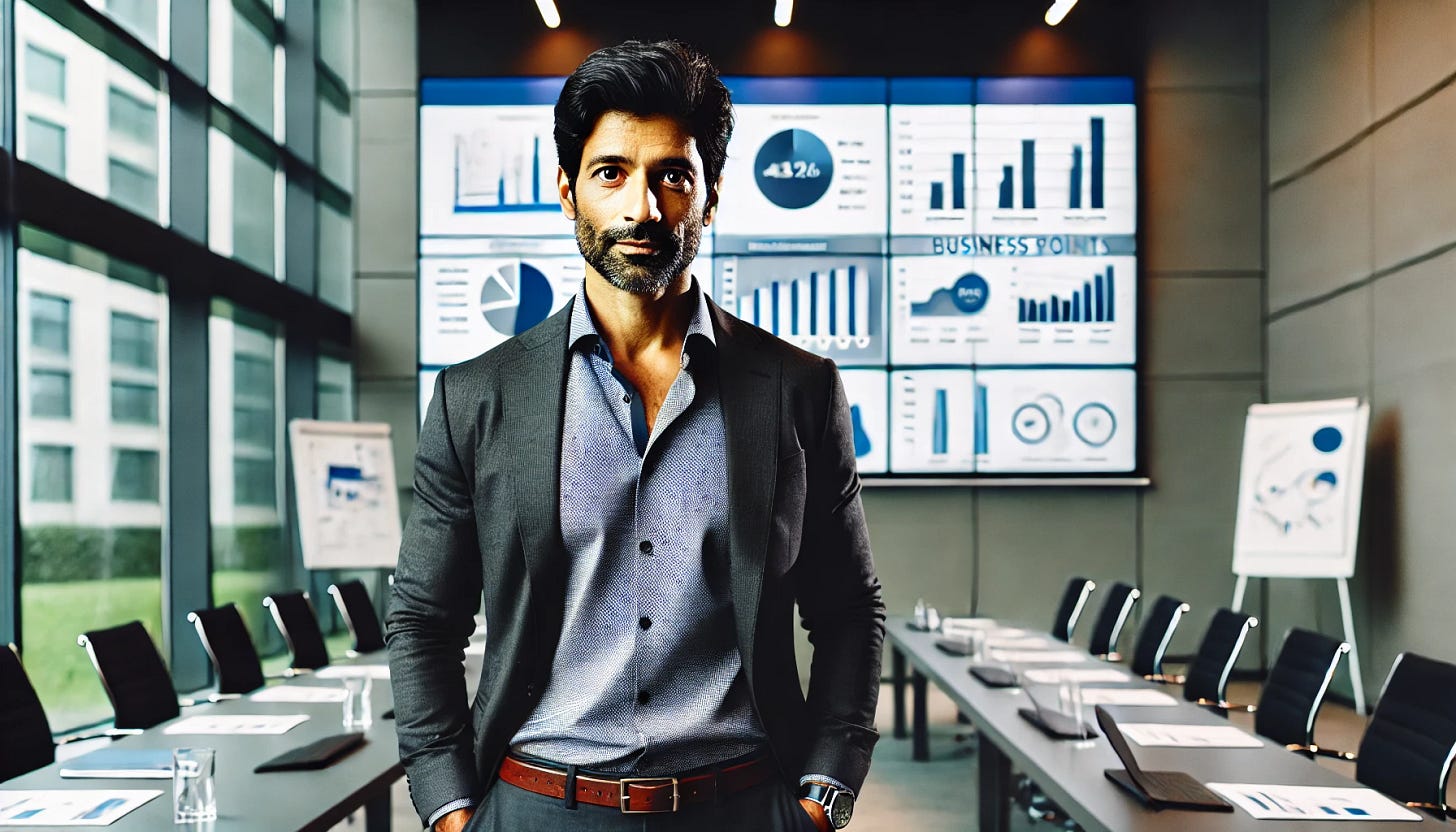 An Indian man in his mid-40s, with a slightly smug expression, dressed in a smart casual outfit with a well-fitted shirt and no jacket, standing confidently in front of a large screen displaying a PowerPoint presentation during a business conference. The presentation board includes charts, graphs, and key business points. The man is standing directly in front of the screen, without any crowd or audience in the shot. The setting is a modern, well-lit corporate conference room, emphasizing the professional and focused atmosphere.