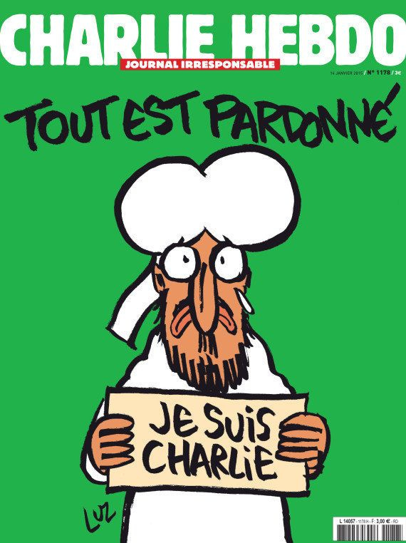La couverture de Charlie Hebdo, un dessin de Mahomet avec une pancarte "Je  suis Charlie" | Le HuffPost
