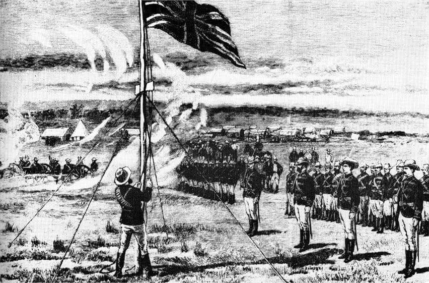 Lieutenant Edward Tyndale-Biscoe hoisting the Union Jack on 13 September 1890, overlooking the site of the future capital, Salisbury. Lieutenant Edward Tyndale-Biscoe hoisting the Union Jack on 13 September 1890, overlooking the site of the future capital, Salisbury.