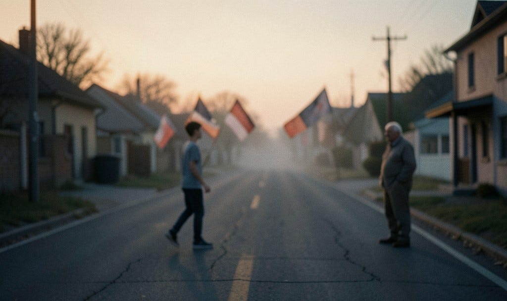 A quiet, cinematic, photorealistic illustration. An empty small-town road at dusk, warm fading light, long soft shadows. In the mid-distance, a teenage boy stands among a few blurred, out-of-focus protest flags, caught mid-stride, posture suggesting hesitation. A short distance away, an older man in simple clothes stands calmly watching, hands in pockets. Keep both figures soft-focus or turned partially away, no sharp facial detail. Style: muted film-still realism, painterly, NOT cartoon, NOT flat vector illustration, NOT clip-art. Warm dusty oranges and browns fading into cool blue-grey shadows. Mood: stillness, quiet reflection, unresolved tension. A quiet, cinematic, photorealistic illustration. An empty small-town road at dusk, warm fading light, long soft shadows. In the mid-distance, a teenage boy stands among a few blurred, out-of-focus protest flags, caught mid-stride, posture suggesting hesitation. A short distance away, an older man in simple clothes stands calmly watching, hands in pockets. Keep both figures soft-focus or turned partially away, no sharp facial detail. Style: muted film-still realism, painterly, NOT cartoon, NOT flat vector illustration, NOT clip-art. Warm dusty oranges and browns fading into cool blue-grey shadows. Mood: stillness, quiet reflection, unresolved tension.
