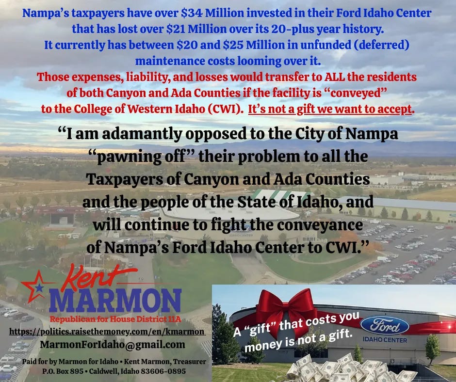 Idaho Politics — It’s time to “nip this thing in the bud”. Canyon and Ada County residents should not be forced to take on Nampa’s liabilities through conveyance of the Ford Idaho Center to CWI (College of Western Idaho).