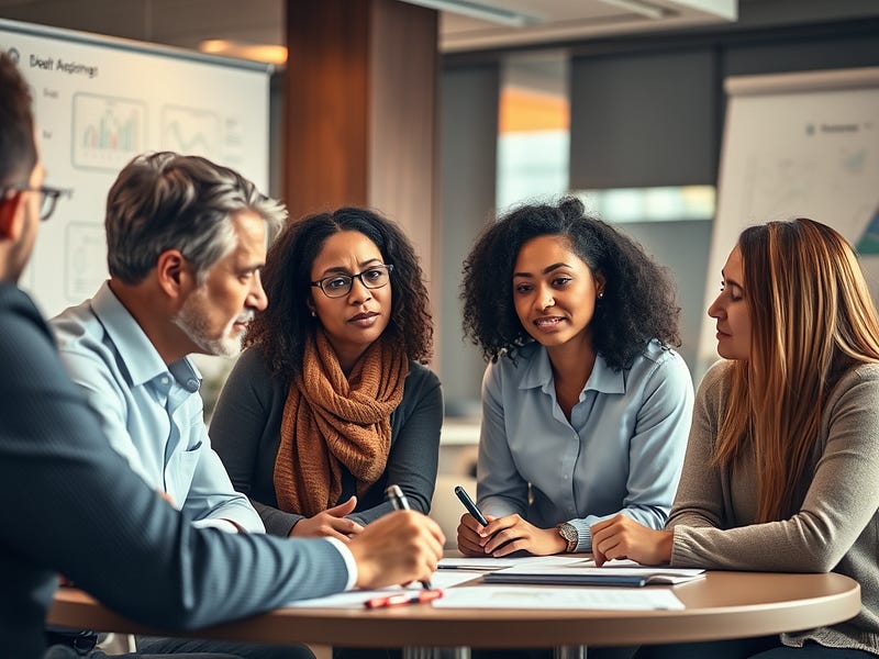 The image portrays a diverse group of leaders participating in a strategy session. The leaders express empathy and understanding as they discuss change management. The scene is in a modern office environment with soft, warm lighting, enhancing a sense of collaboration and support. Included are visual elements, like whiteboards filled with notes and charts that symbolise communication and transparency. The image captures the emotions of concern and hope on the leaders’ faces.