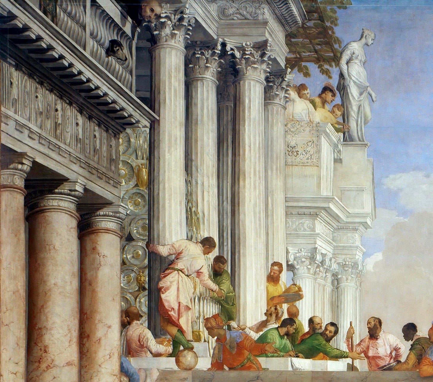 Detail of the painted architecture in the Wedding at Cana: fluted classical columns, a marble balustrade, a monumental staircase and an upper terrace against a blue sky Detail of the painted architecture in the Wedding at Cana: fluted classical columns, a marble balustrade, a monumental staircase and an upper terrace against a blue sky