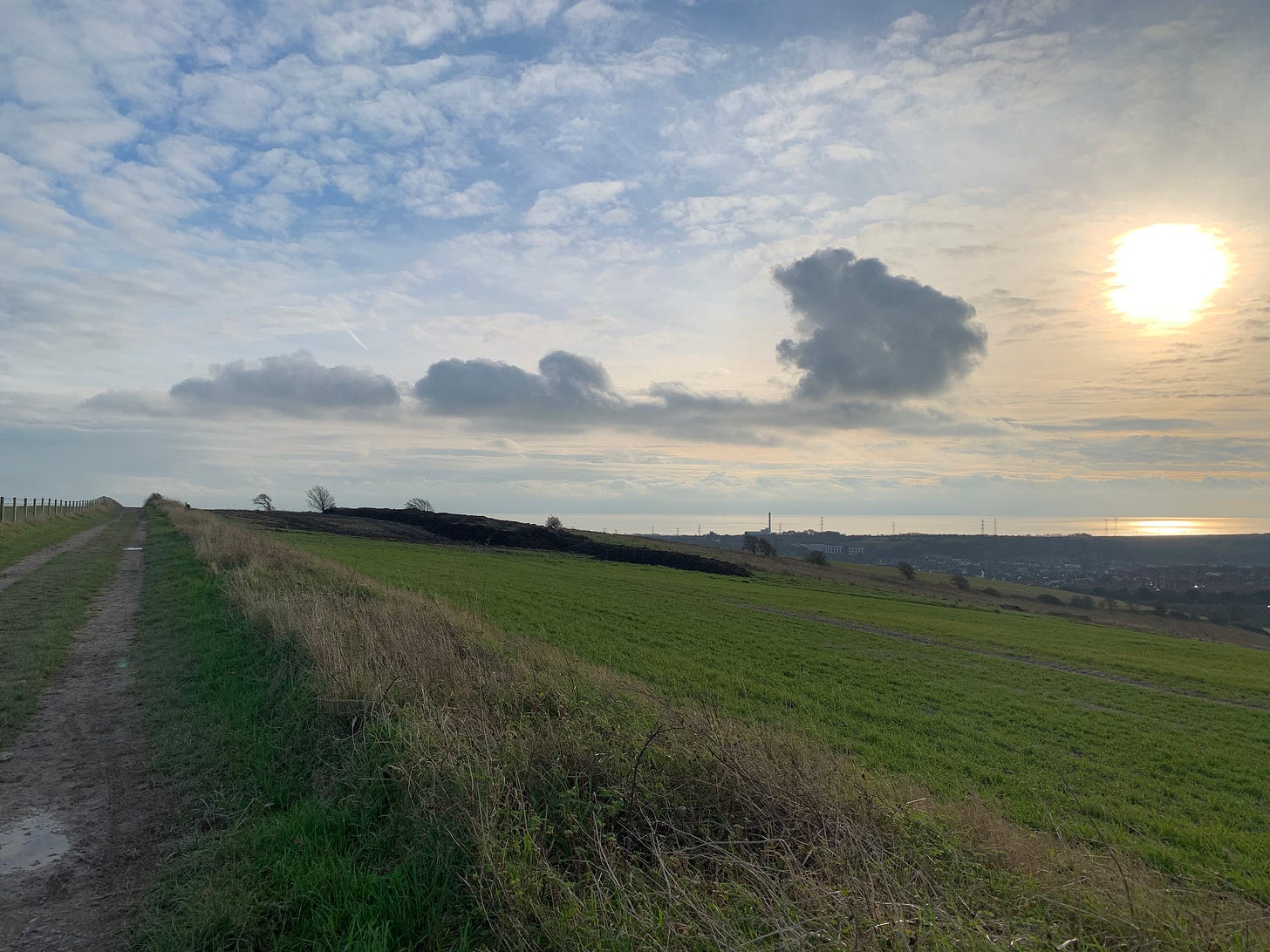 A photo of a view across fields on a muddy trail