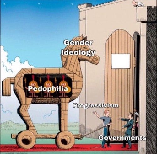 May be an image of 2 people and text that says 'Gender Ideology Se Pedophilia Progressivism Governments'