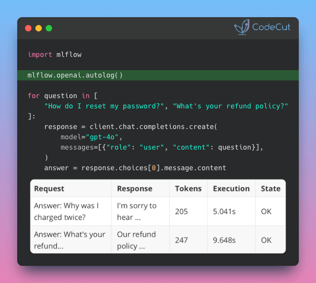 Code example: MLflow: Track Every LLM API Call with 1 Line of Code Code example: MLflow: Track Every LLM API Call with 1 Line of Code