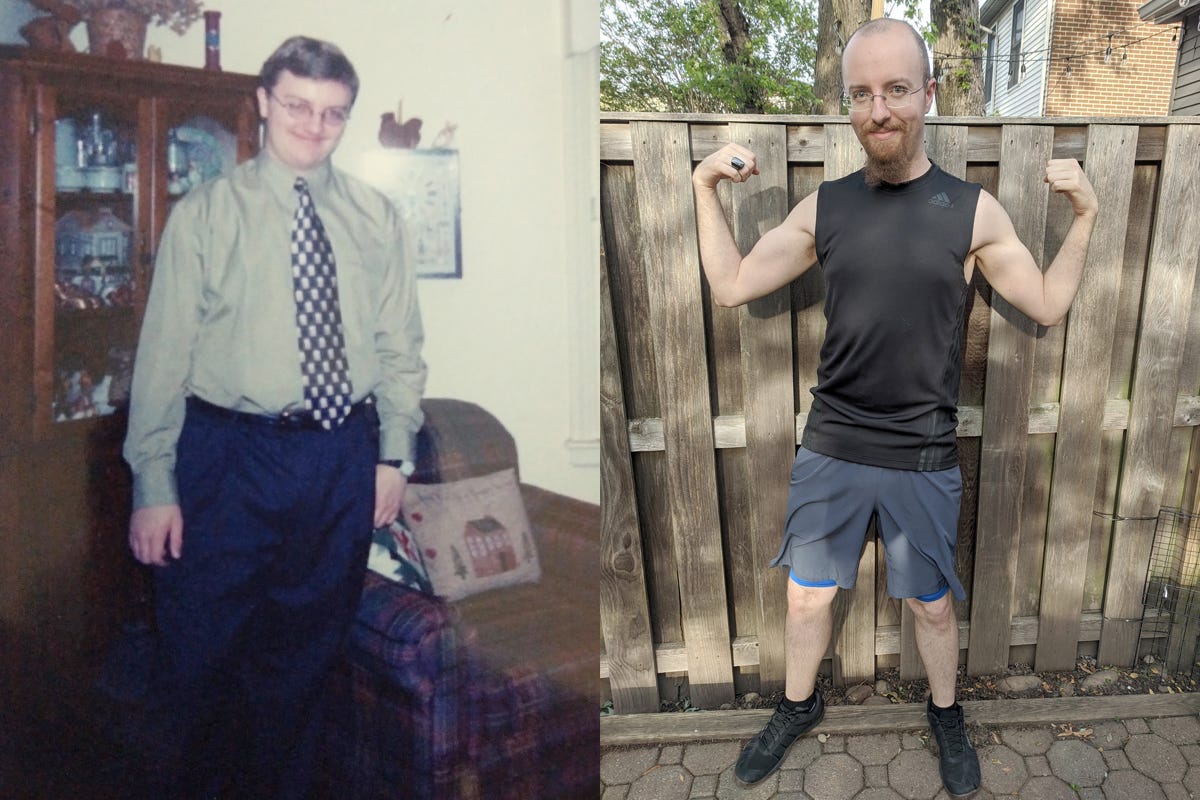 A fat me on the left and a fit me on the right.