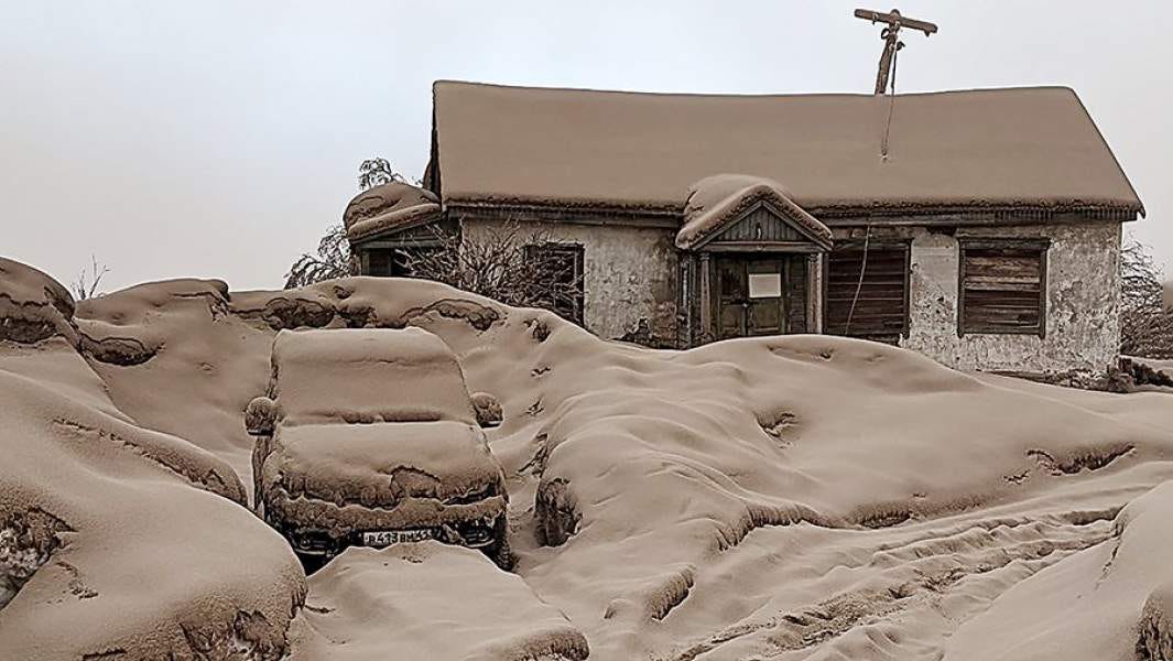 A layer of ash from the eruption of the Shiveluch volcano in the village of Klyuchi, Ust-Kamchatsky district, Kamchatka Krai, Russia