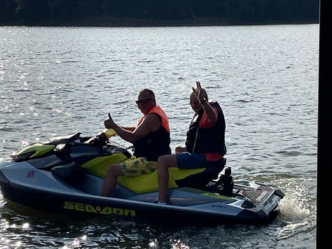 Campground at Lake Thunderhead; Mara with Grandma G. and Doc; Troy taking Grandpa G. for a SeaDoo ride.