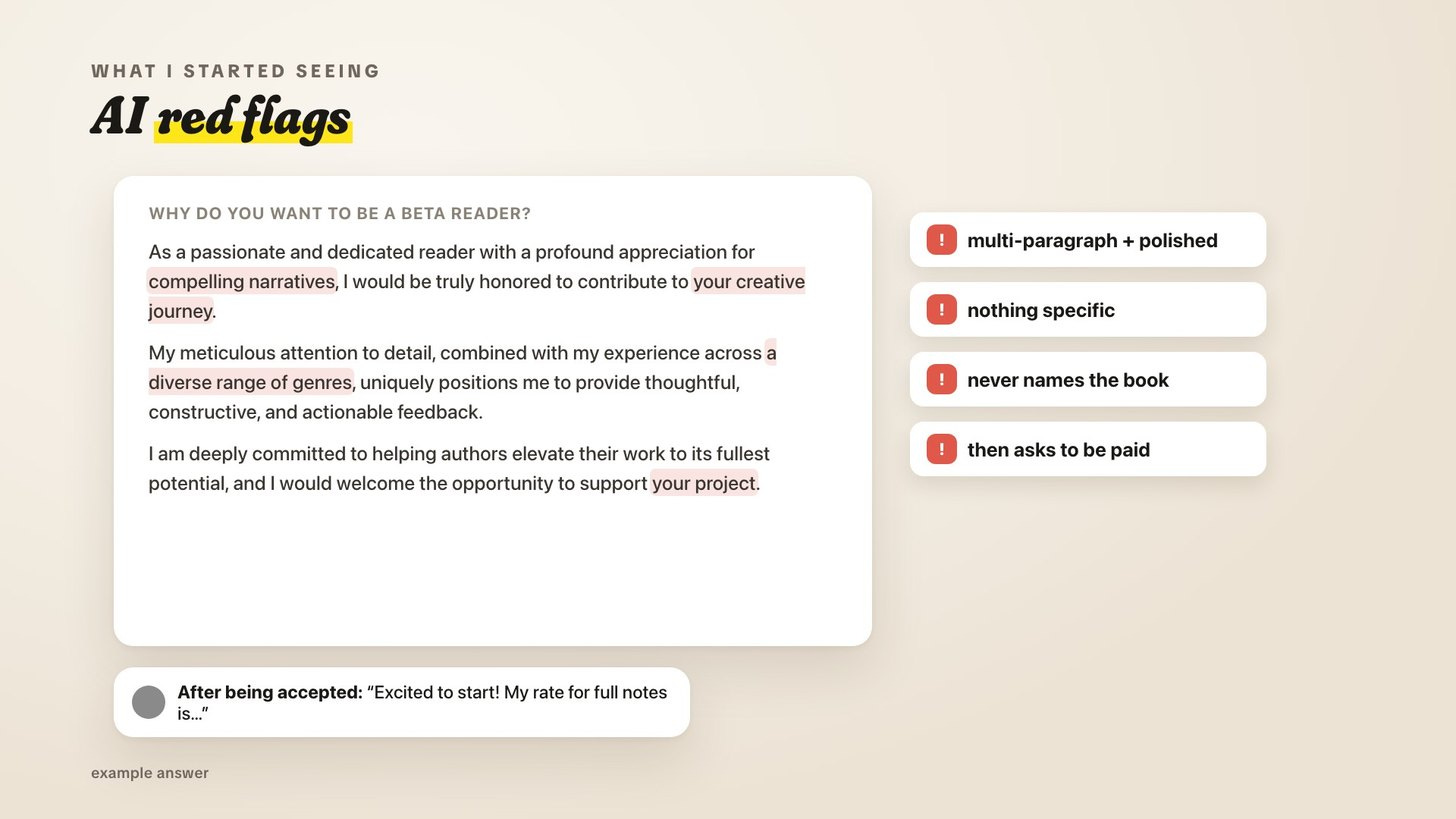 A polished, generic beta reader application answer flagged for being multi-paragraph, saying nothing specific, never naming the book, and asking to be paid A polished, generic beta reader application answer flagged for being multi-paragraph, saying nothing specific, never naming the book, and asking to be paid