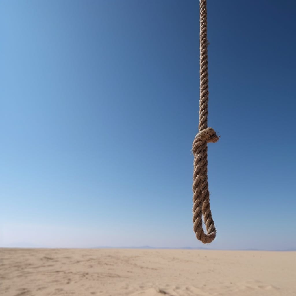 A thick rope hangs from the desert sky