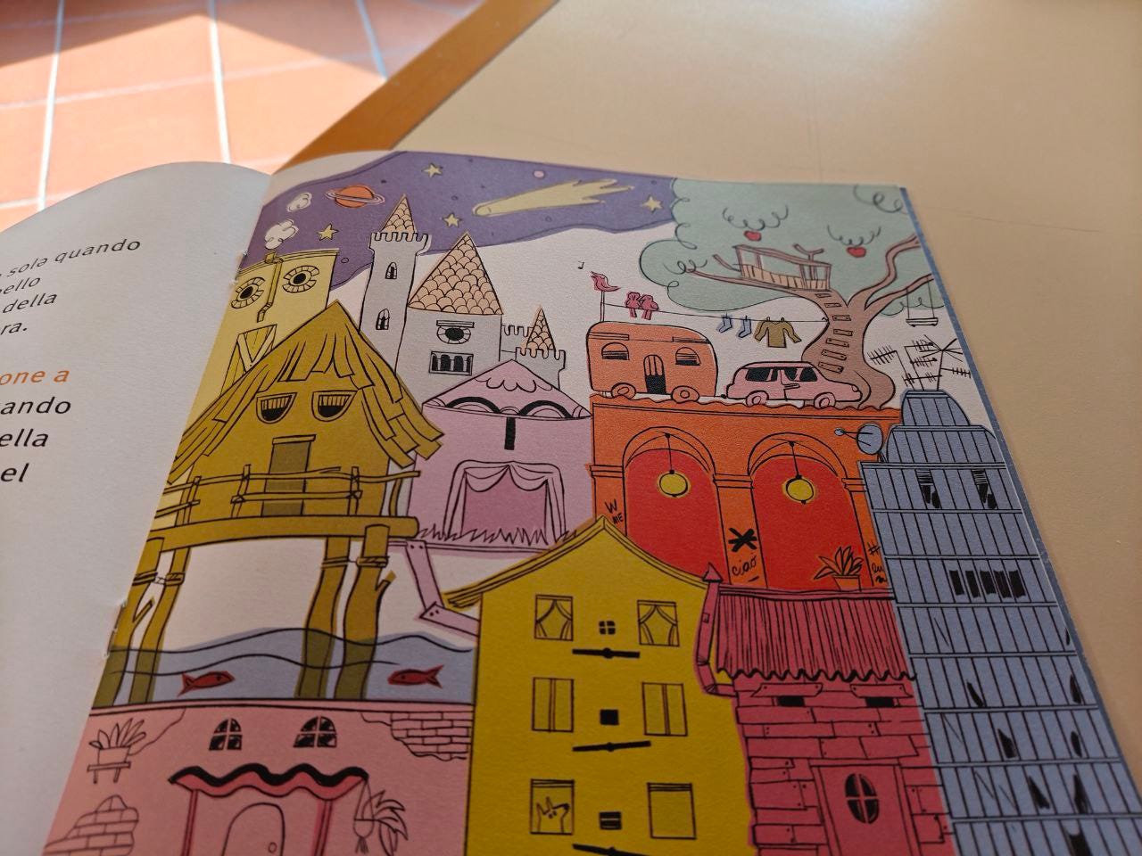 Una pagina della parola Casa delle Scatoline di effequ con il disegno di tante case di forma, dimensione e colori diversi, ciascuna con finestre e porte che richiamano esplicitamente una faccia; in alto a destra compare un albero con una casetta e delle mele appese. La pagina è appoggiata su un tavolo di legno bianco sporco e nell'angolino in alto a sinistra si intravede un pezzetto di pavimento in cotto. Una pagina della parola Casa delle Scatoline di effequ con il disegno di tante case di forma, dimensione e colori diversi, ciascuna con finestre e porte che richiamano esplicitamente una faccia; in alto a destra compare un albero con una casetta e delle mele appese. La pagina è appoggiata su un tavolo di legno bianco sporco e nell'angolino in alto a sinistra si intravede un pezzetto di pavimento in cotto.