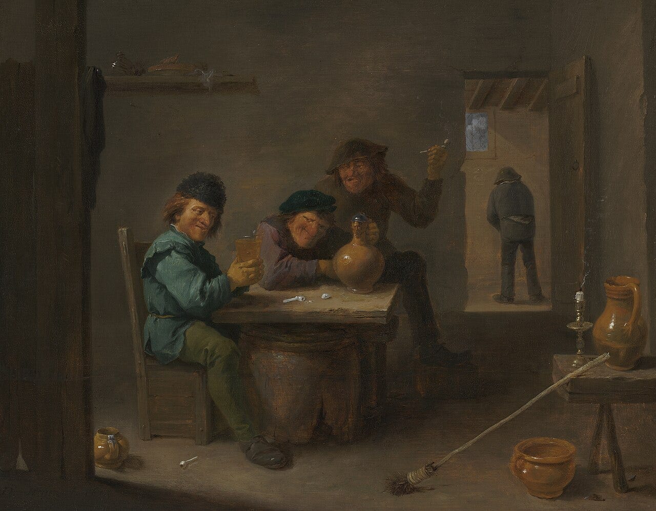 Villagers drinking around a small tavern table Villagers drinking around a small tavern table