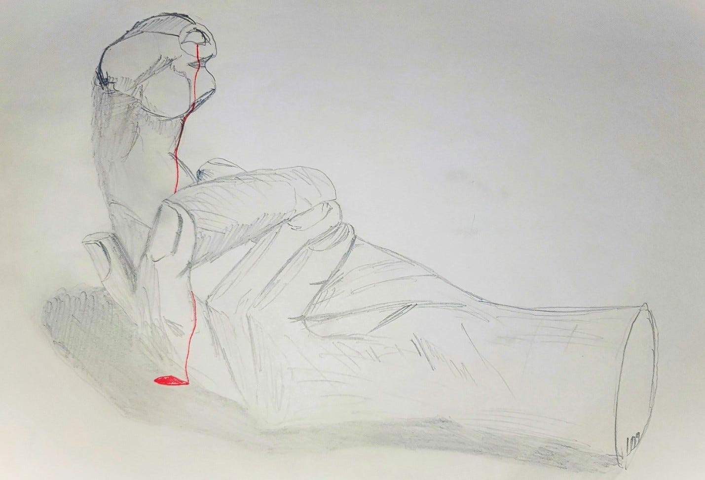 A pencil sketch of a severed, upright hand with a single line of red blood dripping from it
