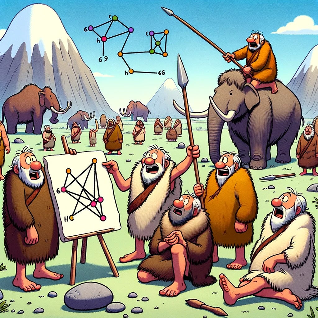 Cartoon of Homo Sapiens ancestors in fur outfits, in a prehistoric landscape with mammoths in the background. A few of them are holding spears, while one is enthusiastically sketching a directed acyclic graph (DAG) on the ground using a stone. The rest of the group is watching with puzzled expressions, trying to make sense of the graph for their upcoming mammoth hunt.