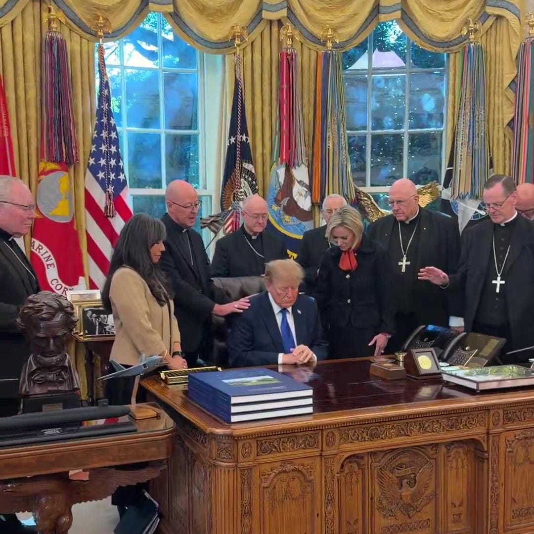 Catholic bishops pray over President Trump in the Oval Office Catholic bishops pray over President Trump in the Oval Office