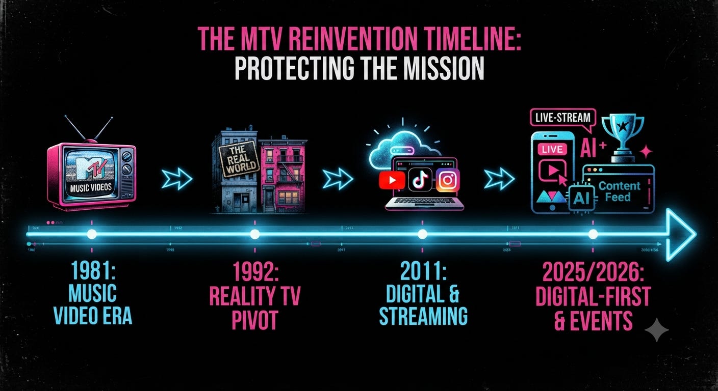 Timeline showing MTV's evolution from music videos in 1981 to reality TV, digital streaming, and AI-driven content, illustrating how the brand adapted to changing media. Timeline showing MTV's evolution from music videos in 1981 to reality TV, digital streaming, and AI-driven content, illustrating how the brand adapted to changing media.