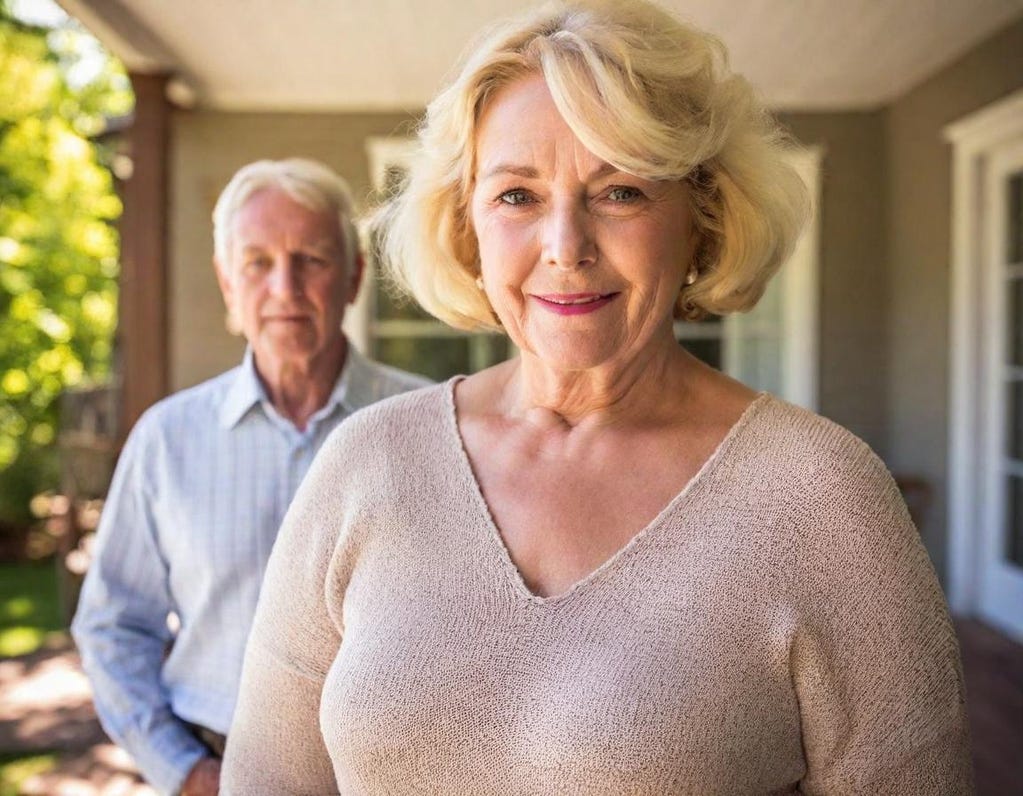 Tight portrait of white 75-year-old woman with white 75-year-old husband, who is out of focus, behind her. Both are looking pensively into camera. Background is an old-style outside porch of their house. Tight portrait of white 75-year-old woman with white 75-year-old husband, who is out of focus, behind her. Both are looking pensively into camera. Background is an old-style outside porch of their house.