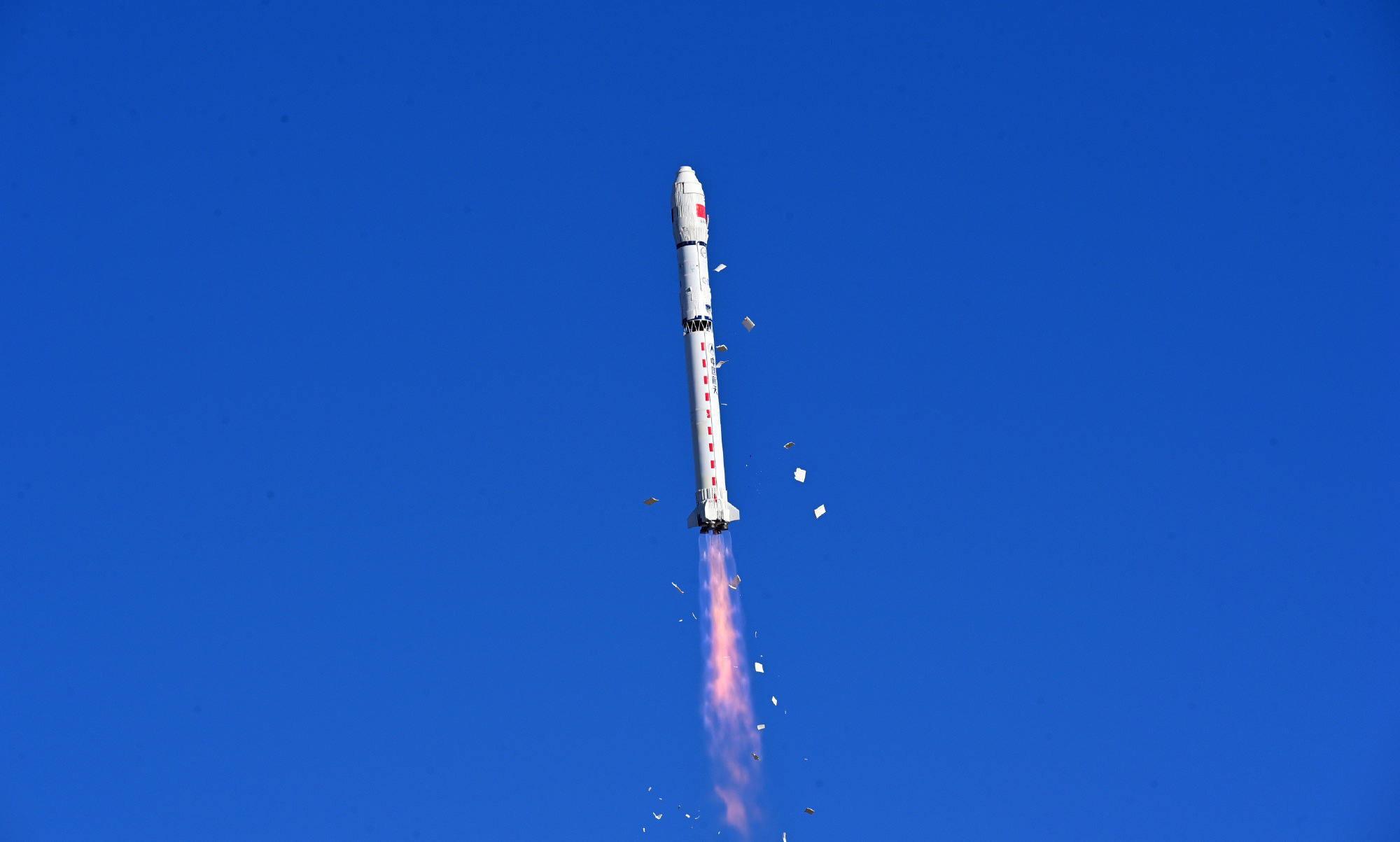 The Long March 2D Y60 vehicle during first-stage flight after lifting off from the Jiuquan Satellite Launch Center. The Long March 2D Y60 vehicle during first-stage flight after lifting off from the Jiuquan Satellite Launch Center.