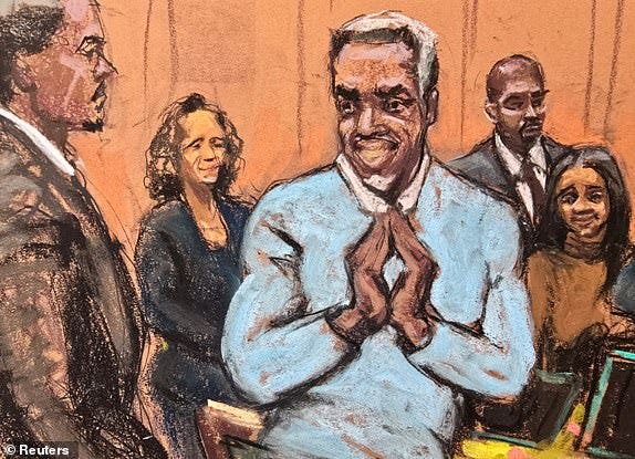 Sean "Diddy" Combs gestures during his sex trafficking trial in New York City, New York, U.S., June 26, 2025 in this courtroom sketch. REUTERS/Jane Rosenberg
