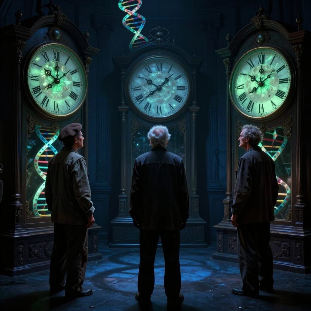 3 watchman staring at clocks with DNA all over them
