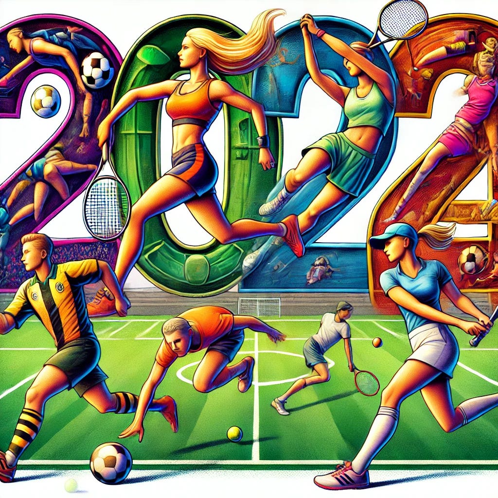 Draw a picture with the year '2024' in an image, with each digit dressed as if playing a different sport, e.g. tennis, football, golf. Include a blond female runner and a male footballer.